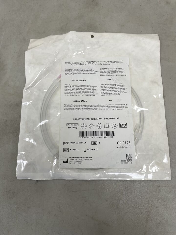 0684-00-0254-29 - MAQUET - Guidewire - PTFE - 3mm J - For use with Linear, Sensation Plus, MEGA IAB - .025" x 145cm, (EA) - ( Expiry Date: 2024-06-12 )