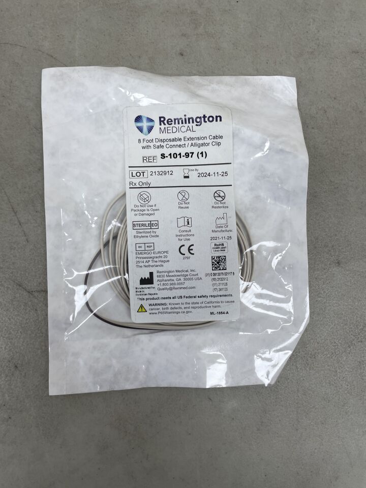 S-101-97 - REMINGTON MEDICAL. - Disposable Extension Cable w/Safe Connect, Alligator Clip 8', (EA) - ( Expiry Date: 2024-11-25 )
