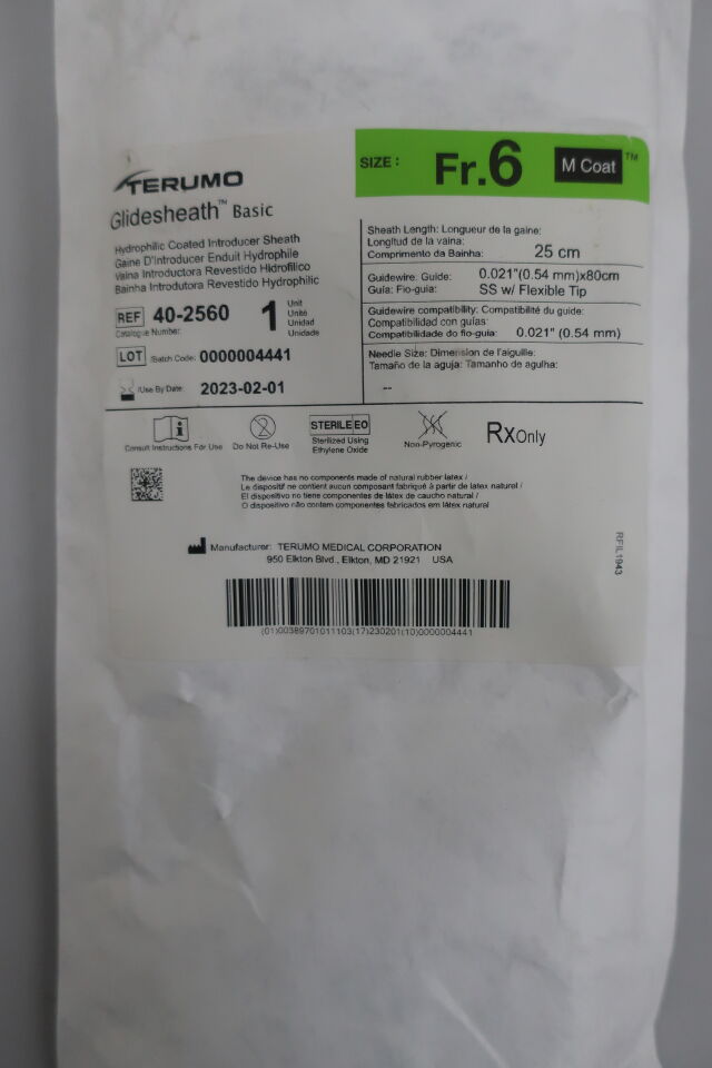 40-2560 - TERUMO - GlideSheath Basic Introducer Sheath w/Guidewire 6F x 25cm, () - ( Expiry Date: 2024-06-01 )