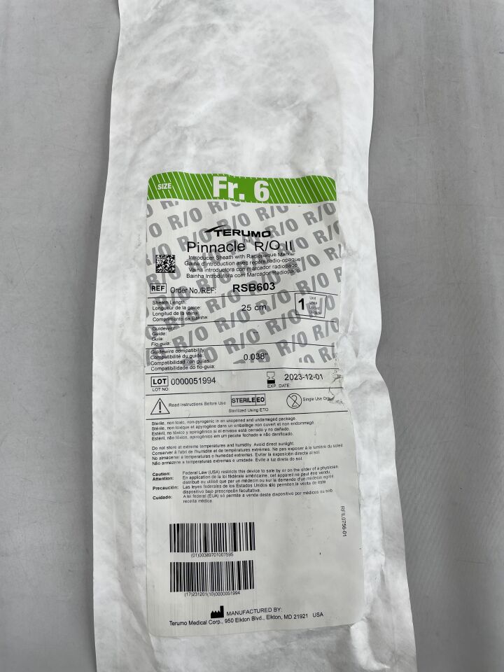 RSB603 - TERUMO - Pinnacle R/O II Introducer Sheath 6F x 25cm, (EA) - ( Expiry Date: 2023-12-01 )