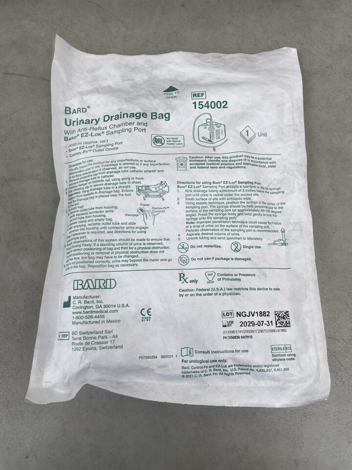 154002 - BARD - Urinary Drainage Bag w/Anti-Reflux Dome, 2000ml, (EA) - ( Expiry Date: 2029-07-31 )