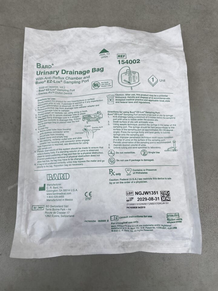 154002 - BARD - Urinary Drainage Bag w/Anti-Reflux Dome, 2000ml, (EA) - ( Expiry Date: 2029-08-31 )