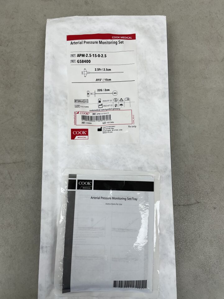 G58400 - COOK - Arterial Pressure Monitoring Set 2.5F x 2.5cm, 22G, 0.015", (EA) - ( Expiry Date: 2026-07-22 )