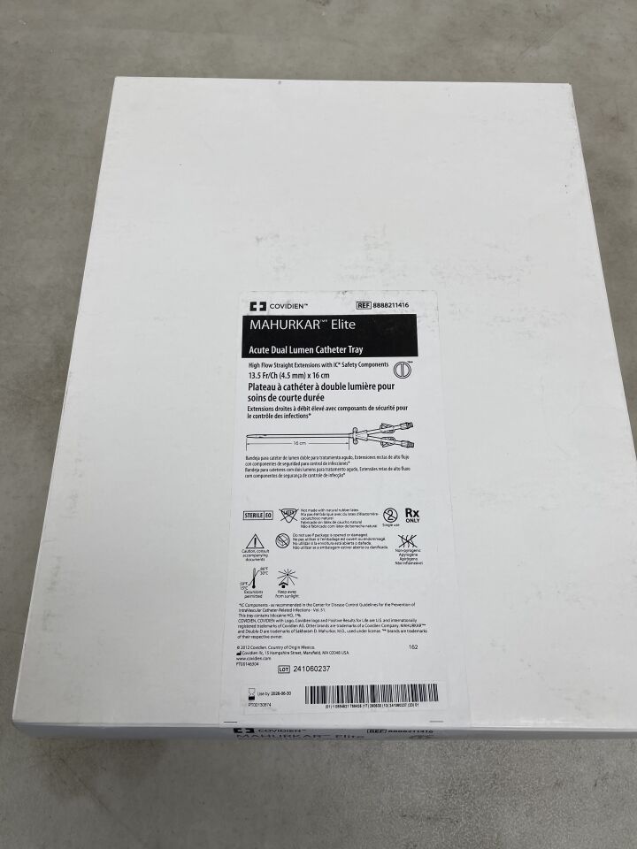 8888211416  -  COVIDIEN  -  Mahurkar Elite High-Flow Dual Lumen Catheter with Straight Extensions, 13.5 Fr x 16 cm, Pass Tray , ( BX/1 )  -  ( Expiry Date : 2026-06-30 )