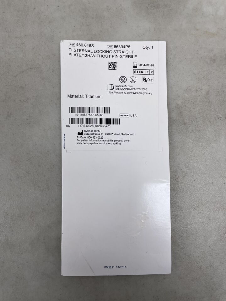 460.046S - SYNTHES - Titanium Sternal Locking Straight Plate, 13 Holes, Sterile, (EA) - ( Expiry Date: 2034-02-28 )
