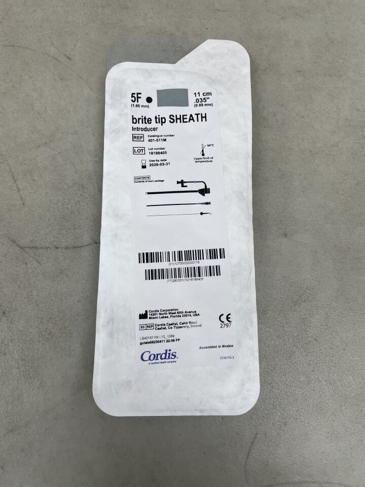 401-511M - CORDIS - Brite Tip SHEATH Introducer - 5Fr x 11cm x .035", (EA) - ( Expiry Date: 2026-03-31 )