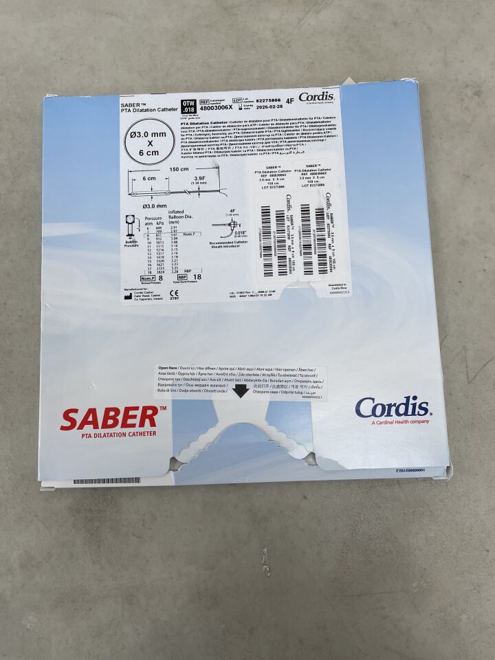 48003006X - CORDIS - SABER .018" OTW PTA Dilatation Catheter - 3.0mm x 6cm x 150cm, (BX/1) - ( Expiry Date: 2026-02-28 )