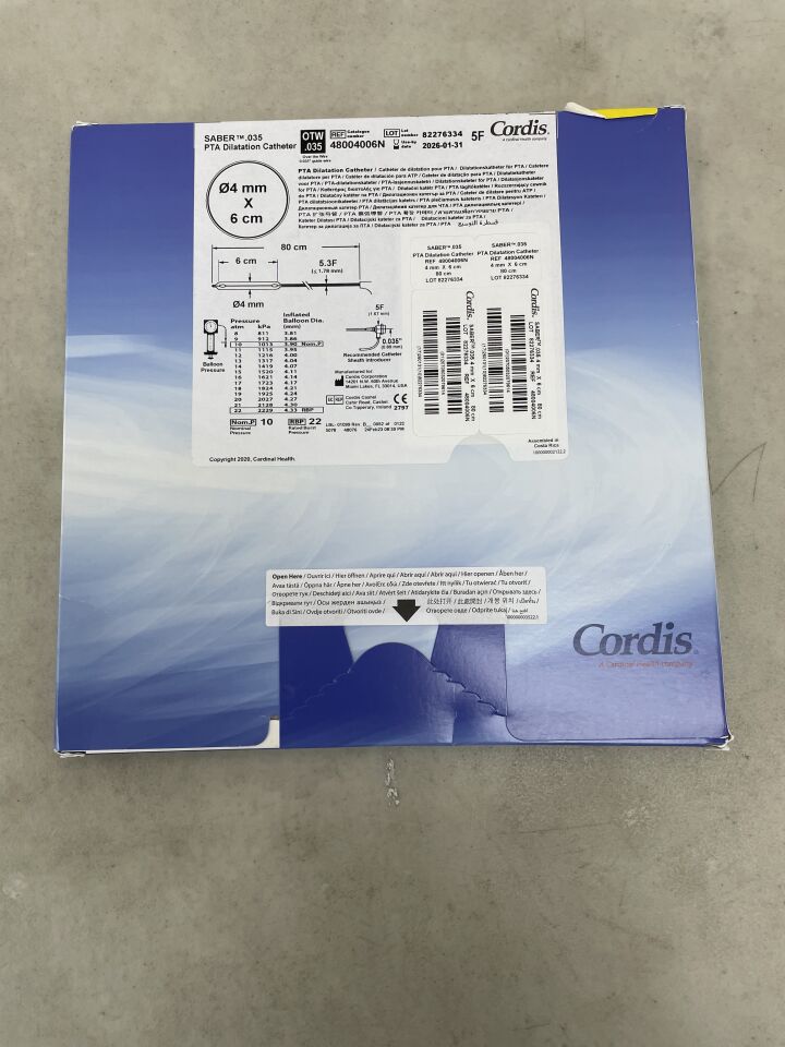 48004006N - CORDIS - SABER .035 PTA Dilation Catheter 4mm x 60mm x 80cm, (BX/1) - ( Expiry Date: 2026-01-31 )