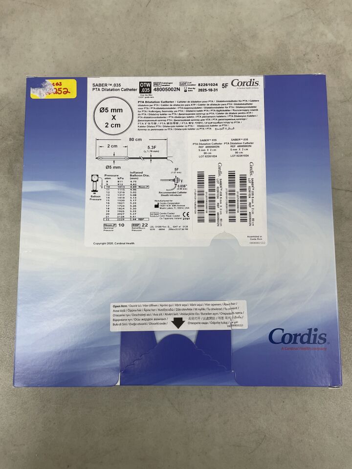 48005002N - CORDIS - SABER .035 PTA Dilation Catheter 5mm x 20mm x 80cm, (BX/1) - ( Expiry Date: 2026-02-28 )