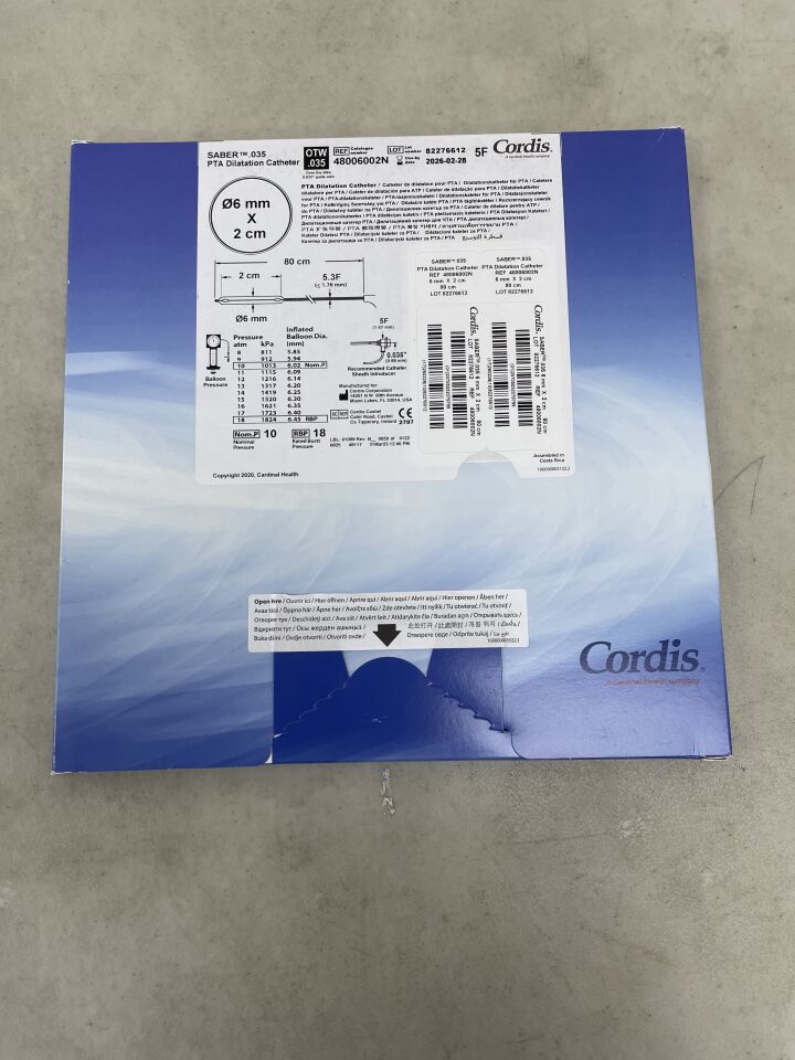 48006002N - CORDIS - SABER .035 PTA Dilation Catheter 6mm x 20mm x 80cm, (BX/1) - ( Expiry Date: 2026-02-28 )