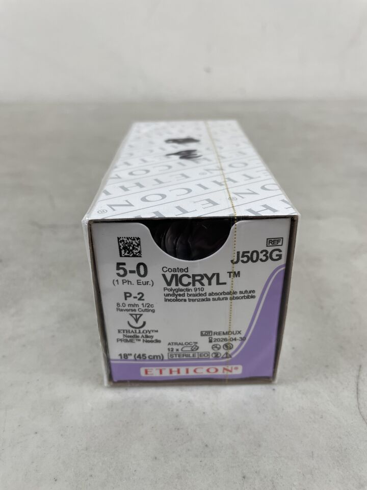 J503G  -  ETHICON  -  Coated Vicryl Absorbable Braided Polyglactin 910 Suture, Size 5-0, 18 in. Length, P-2 Needle , ( BX/12 )  -  ( Expiry Date : 2026-04-30 )