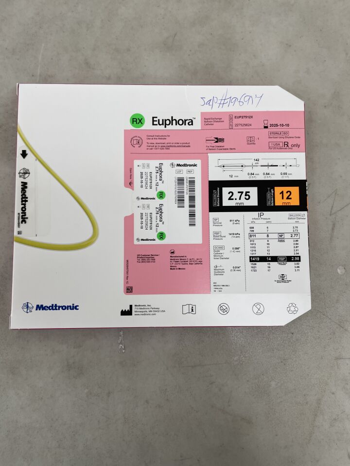 EUP27512X - MEDTRONIC - Euphora RX Semicompliant Balloon Dilatation Catheter - 2.75mm x 12mm, (BX/1) - ( Expiry Date: 2025-10-10 )