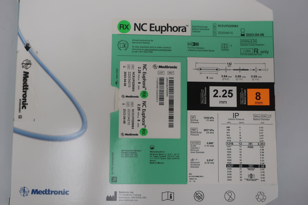 NCEUP22508X - MEDTRONIC - NC Euphora Non-Compliant RX Balloon Dilatation Catheter: 2.25mm x 8mm, 142cm, (BX/1) - ( Expiry Date: 2025-10-12 )