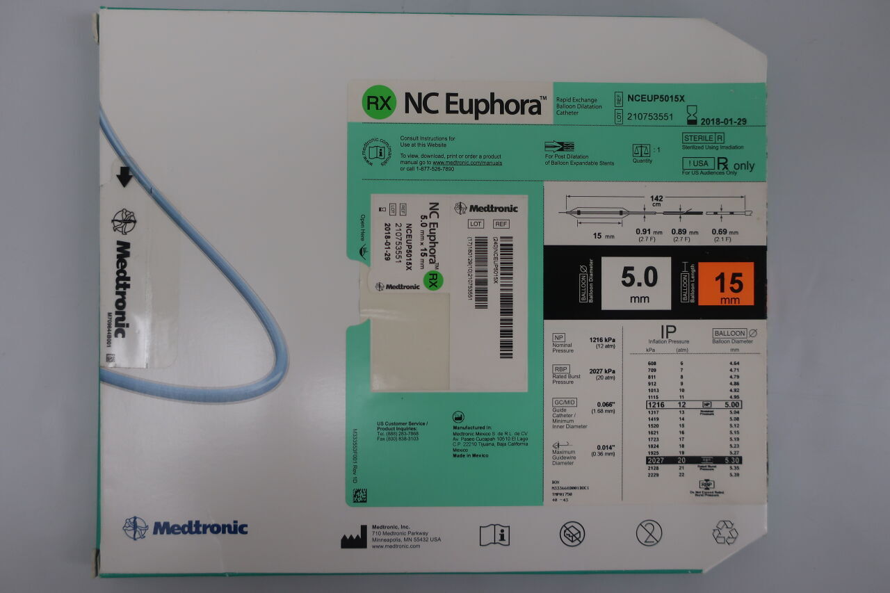 NCEUP5015X - MEDTRONIC - NC Euphora Non-Compliant RX Balloon Dilatation Catheter: 5.0mm x 15mm, 142cm, (BX/1) - ( Expiry Date: 2025-10-25 )
