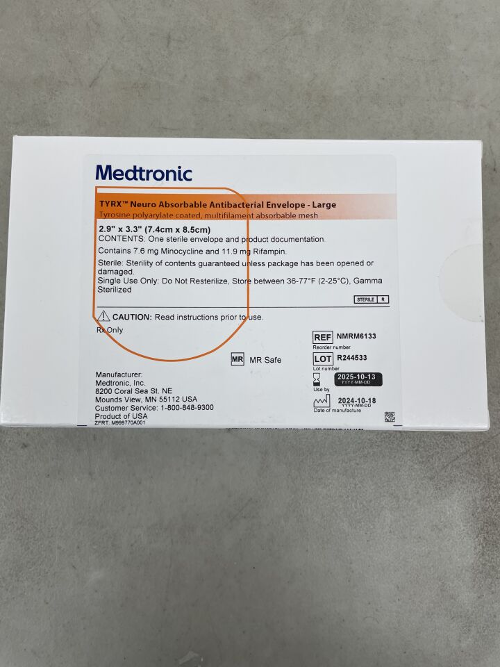 NMRM6133 - MEDTRONIC - TYRX Neuro Absorbable Antibacterial Envelope, Large 2.9" x 3.3", (BX/1) - ( Expiry Date: 2025-10-13 )