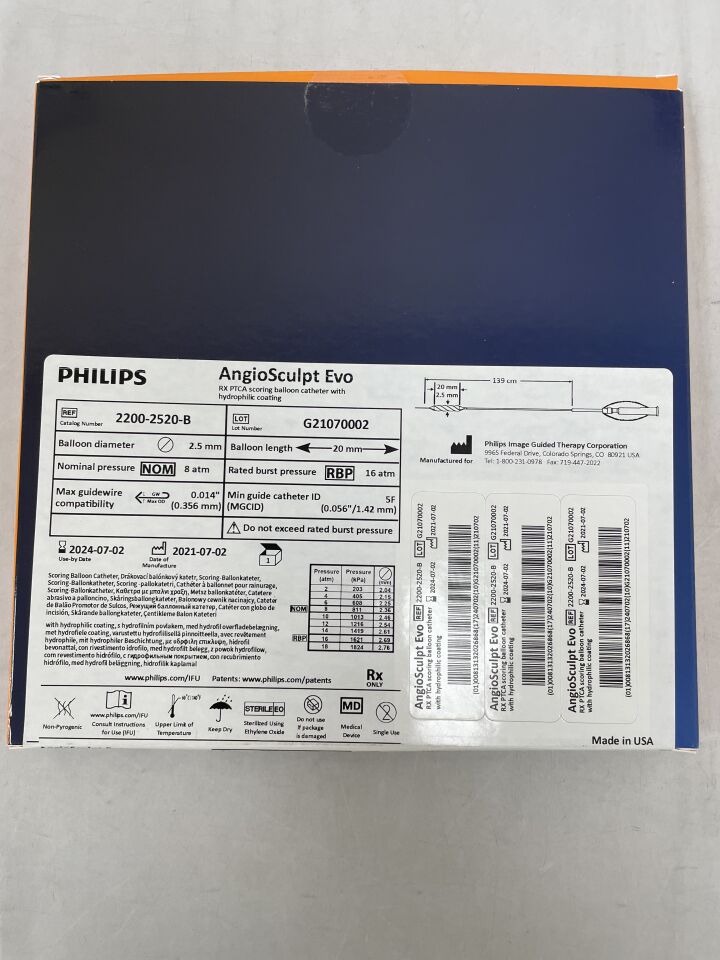2200-2520-B - PHILIPS - AngioSculpt Evo RX PTCA Scoring Balloon Catheter with Hydrophilic Coating - 2.5mm x 20mmx 139cm, (BX/1) - ( Expiry Date: 2025-10-25 )