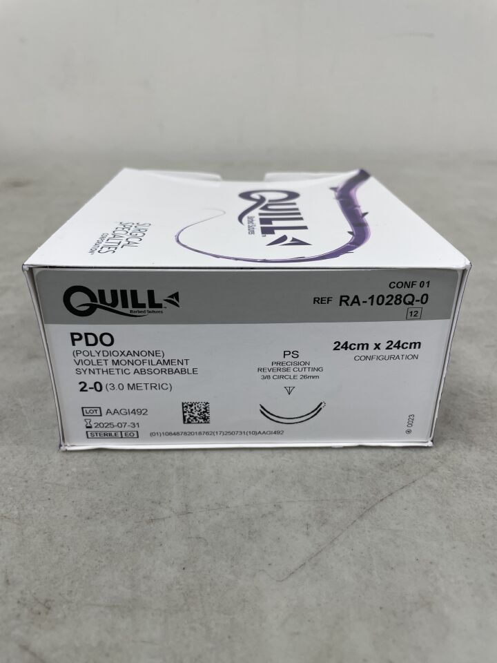 RA-1028Q-0 - SURGICAL SPECIALTIES - 2-0 Quill PDO Barbed violet (24cm x 24cm) PS Reverse Cutting, Double Armed, Bi-Directional, (BX/12)