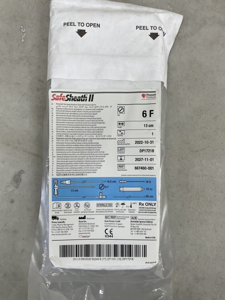 667460-300 - OSCOR - SafeSheath II Hemostatic Tear-away Introducer System with Infusion Side Port - 6Fr x 13cm, (EA) - ( Expiry Date: 2027-11-01 )