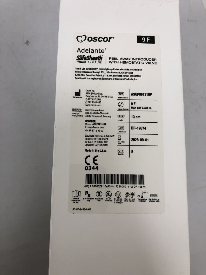 ASUP091318P - OSCOR - Adelante SafeSheath Ultralite Peel-Away Introducer with Hemostatic Valve, 9F, (BX/5) - ( Expiry Date: 2028-08-01 )