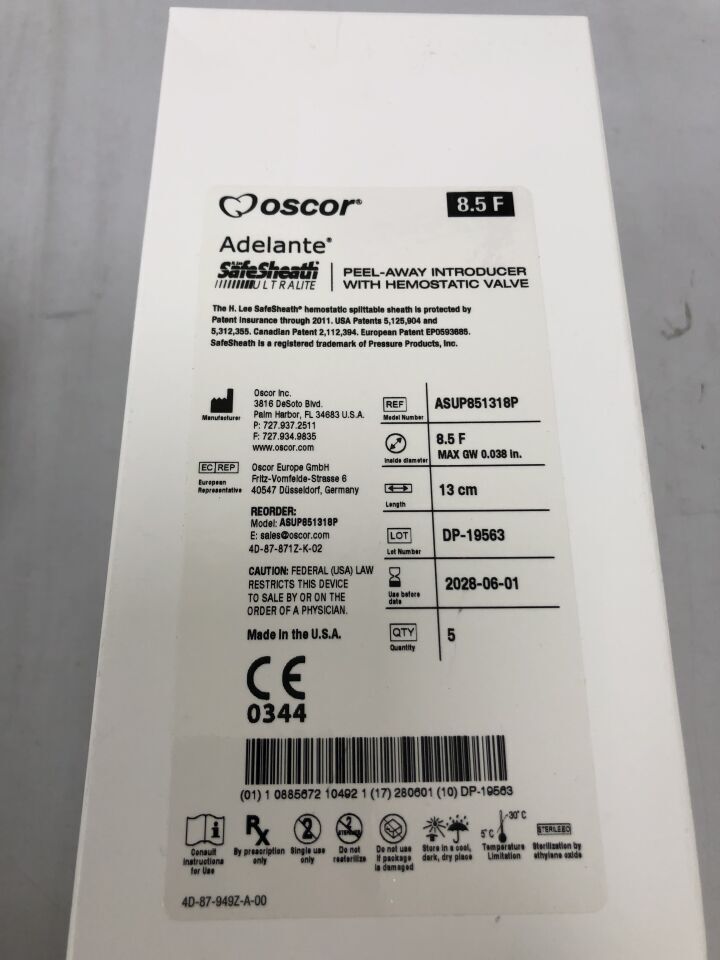 ASUP851318P - OSCOR - Adelante SafeSheath Ultralite Peel-Away Introducer with Hemostatic Valve, 8.5F, (BX/5) - ( Expiry Date: 2028-06-01 )