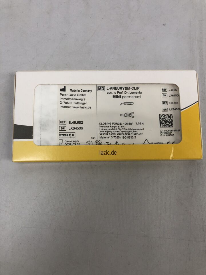 S.45.682 - PETER LAZIC - L-Aneurysm MINI Clip TITANIUM permanent, curved 3mm, narrow jaw, (BX/1) - ( Expiry Date: 2028-03-31 )