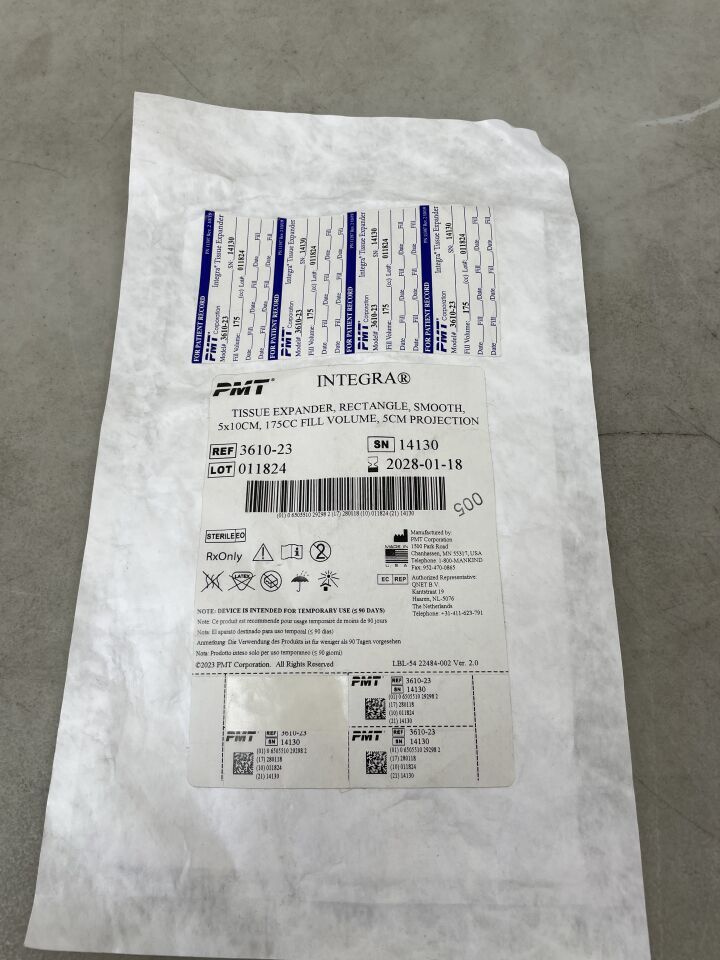 3610-23 - PMT - INTEGRA TISSUE EXPANDER, RECTANGLE, SMOOTH, 5 x 10cm, 5cm Projection, 175cc, (EA) - ( Expiry Date: 2028-01-18 )