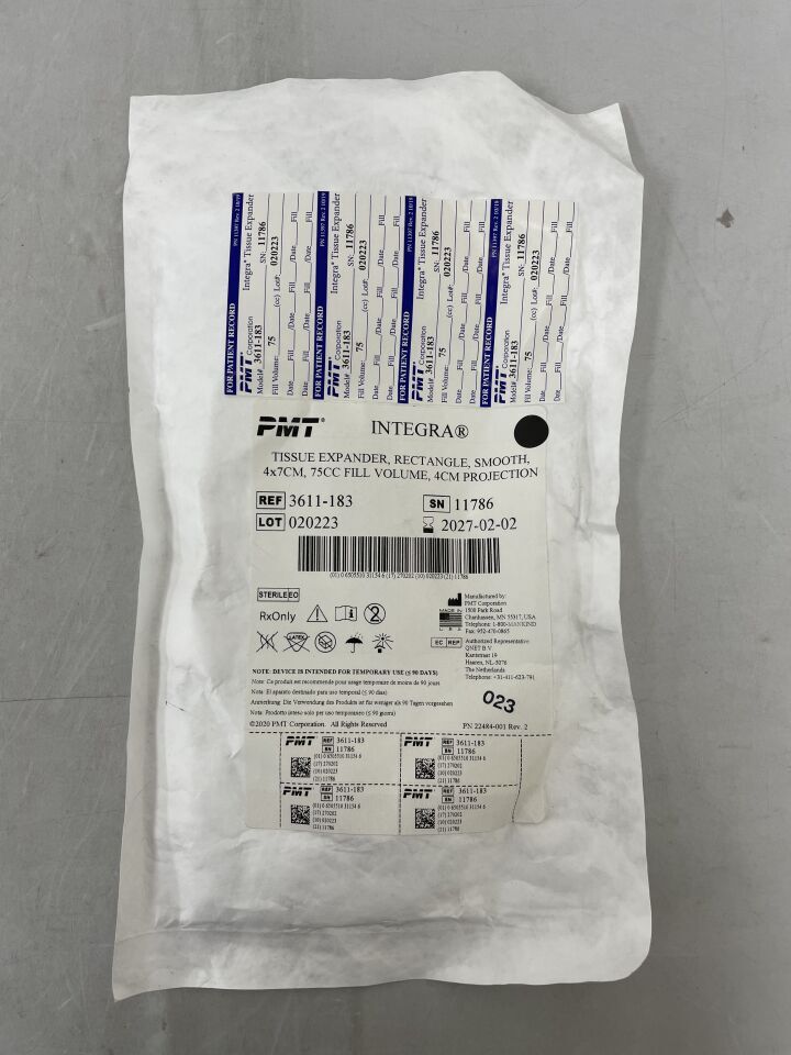 3611-183 - PMT - INTEGRA TISSUE EXPANDER, RECTANGLE, SMOOTH, 5 x 7cm, 4cm Projection, 75cc, (EA) - ( Expiry Date: 2027-02-02 )