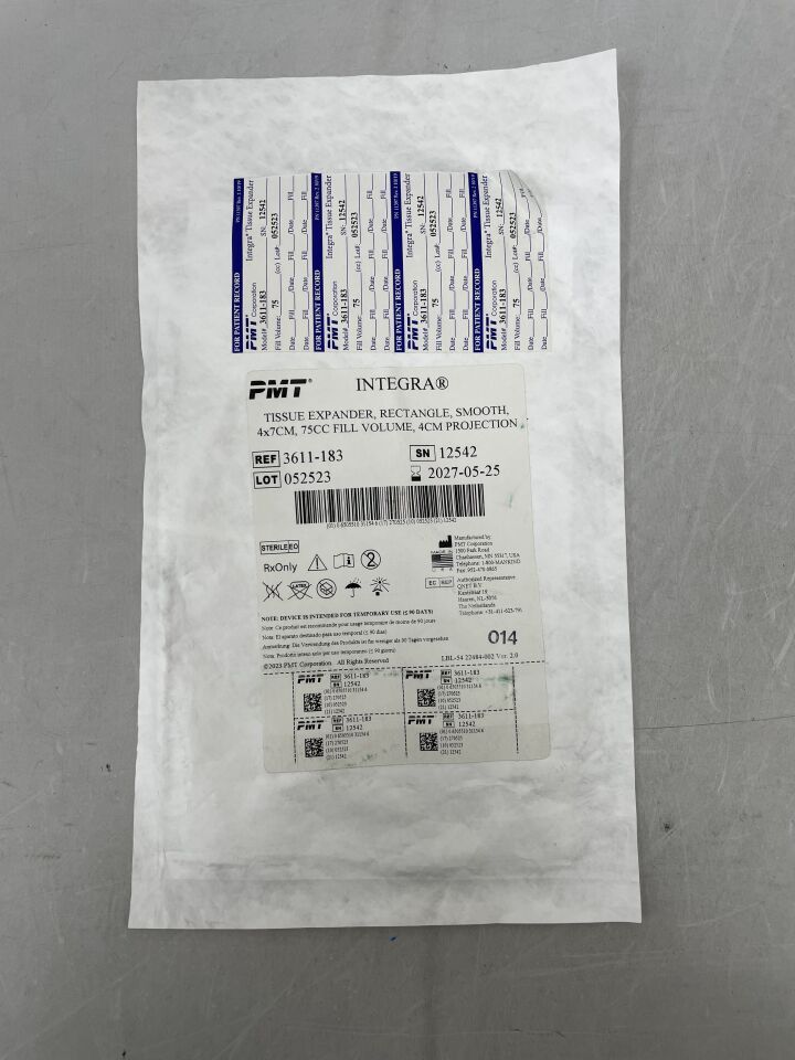 3611-183 - PMT - INTEGRA TISSUE EXPANDER, RECTANGLE, SMOOTH, 5 x 7cm, 4cm Projection, 75cc
, (EA) - ( Expiry Date: 2027-05-25 )