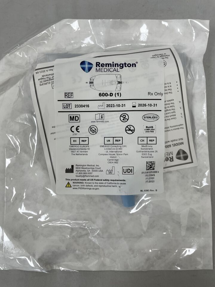 600-D - REMINGTON - Nephrostomy Drain Bag, 600 mL, (EA) - ( Expiry Date: 2026-10-31 )