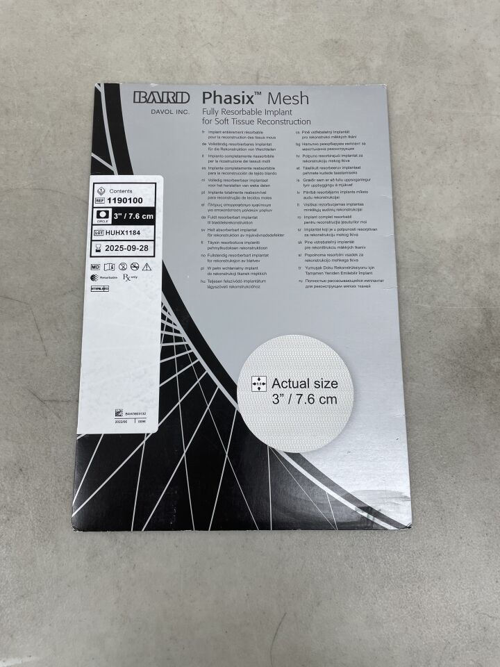 1190100 - BARD - Phasix Mesh Fully Resorbable Monofilament Scaffold 7.6cm (3") Round, (BX/1) - ( Expiry Date: 2025-06-30 )