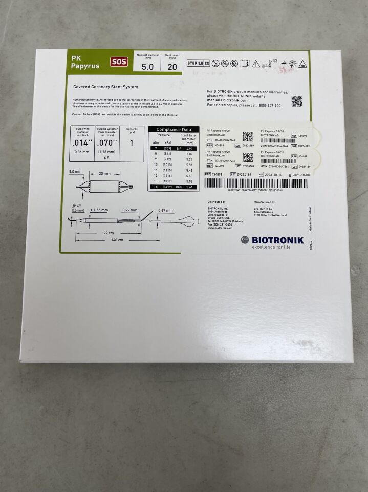 434898 - BIOTRONIK - PK Papyrus Covered Coronary Stent 5.0mm x 20mm, 140cm, (BX/1) - ( Expiry Date: 2025-09-30 )