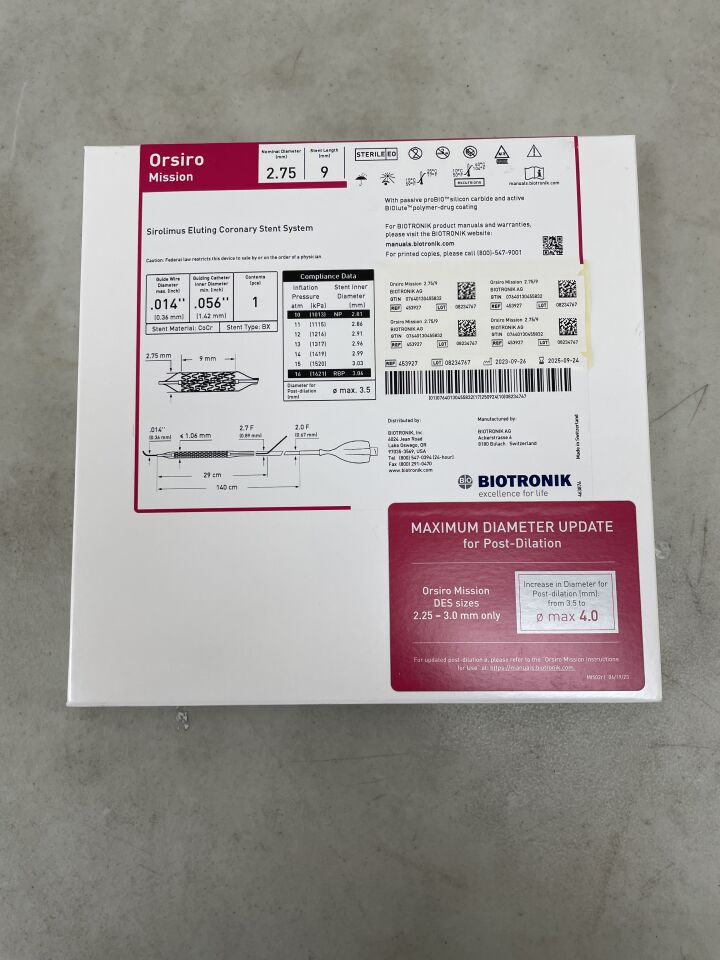 453927 - BIOTRONIK - Orsiro Mission Sirolimus Eluting Coronary Stent System - 2.75mm x 9mm, (BX/1) - ( Expiry Date: 2025-10-31 )