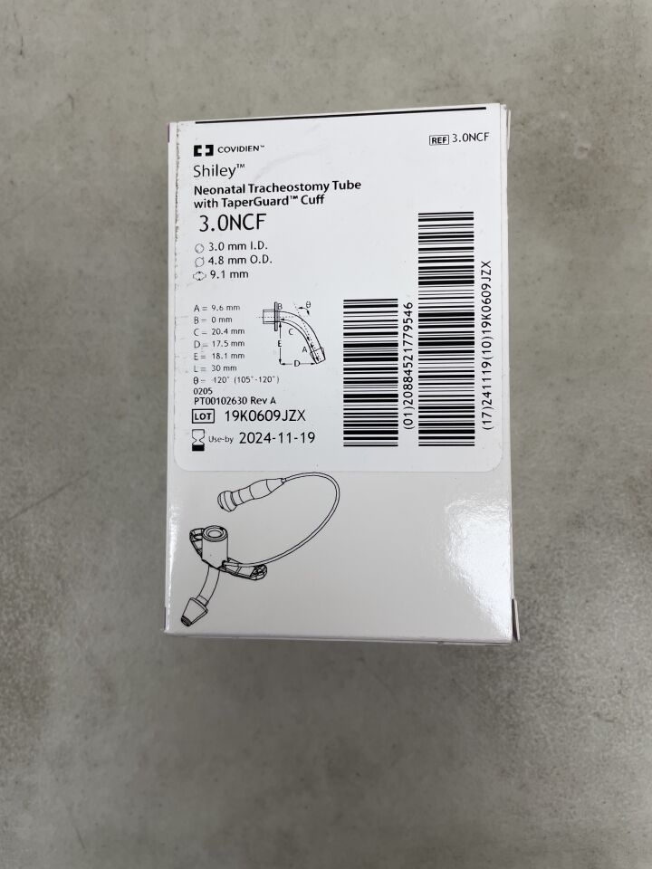 3.0NCF - COVIDIEN - Neonatal Tracheostomy Tube w/Cuff 3.0mm ID x 4.8mm OD x 9.1mm, (BX/1) - ( Expiry Date: 2025-12-11 )