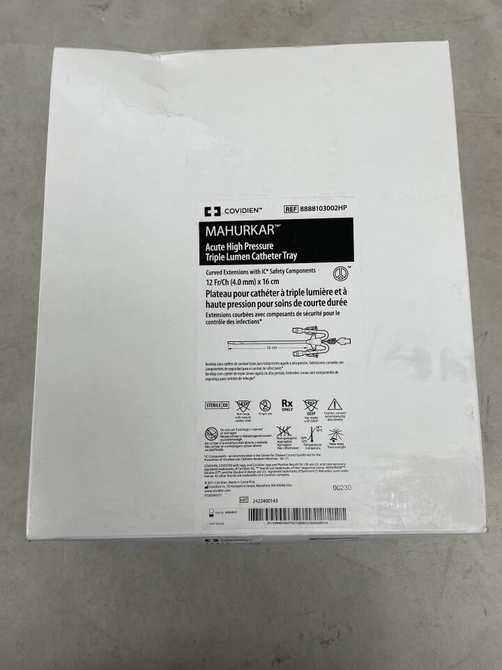 8888103002HP - COVIDIEN - Mahurkar 12F High Pressure Triple Lumen Dialysis Catheter 16cm, Curved, PASS Tray, (BX/1) - ( Expiry Date: 2025-08-30 )