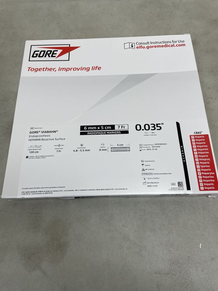 VBHR060502A - GORE - VIABAHN Endoprosthesis - HEPARIN - RADIOPAQUE MARKERS - 6mm x 5cm x 120cm x 7Fr, (BX/1) - ( Expiry Date: 2025-08-22 )