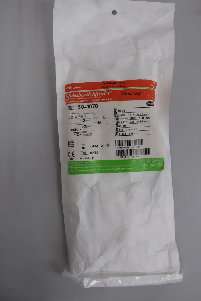 50-1070 - TERUMO - Glidesheath Slender Hydrophilic Coated Introducer Sheath - Nitinol Kit - 7Fr x 10cm x .021", (EA) - ( Expiry Date: 2025-05-31 )