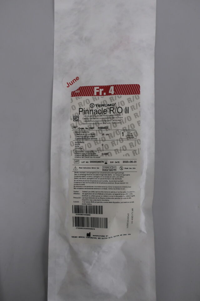 RSB403 - TERUMO - Pinnacle R/O II Introducer Sheath with Radiopaque Marker - 4Fr x 25cm x .035", (EA) - ( Expiry Date: 2025-06-17 )