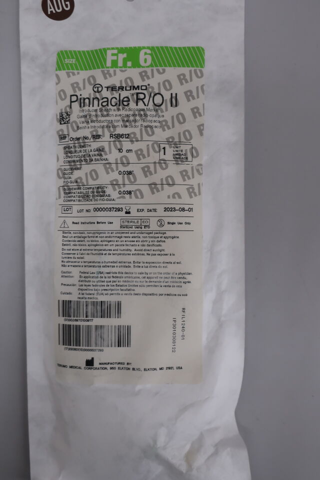 RSB612 - TERUMO - Pinnacle R/O II Introducer Sheath with Radiopaque Marker - 6Fr x 10cm x .038", (EA) - ( Expiry Date: 2025-07-22 )