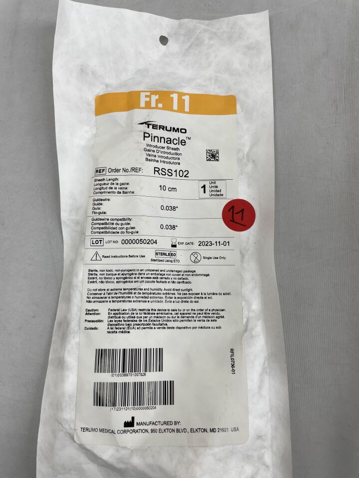 RSS102 - TERUMO - Pinnacle Introducer Sheath - 11Fr x 10cm x .038", (EA) - ( Expiry Date: 2025-09-23 )