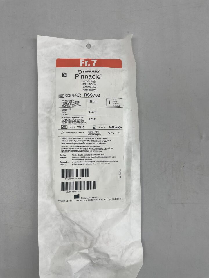 RSS702 - TERUMO - Pinnacle Introducer Sheath - 7Fr x 10cm x .038", (EA) - ( Expiry Date: 2025-10-18 )