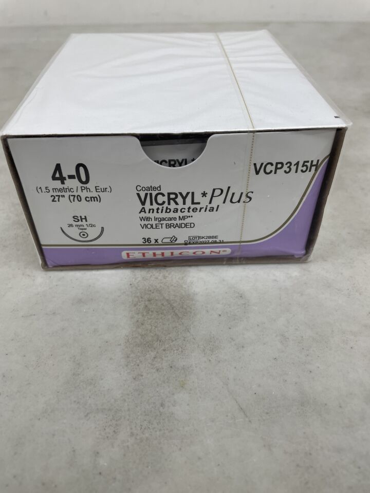 VCP315H  -  ETHICON  -  Coated Vicryl Plus Absorbable Braided Antibacterial Suture, Size 4-0, 27 in. Length, SH Needle , ( BX/36 )  -  ( Expiry Date : 2027-08-31 )