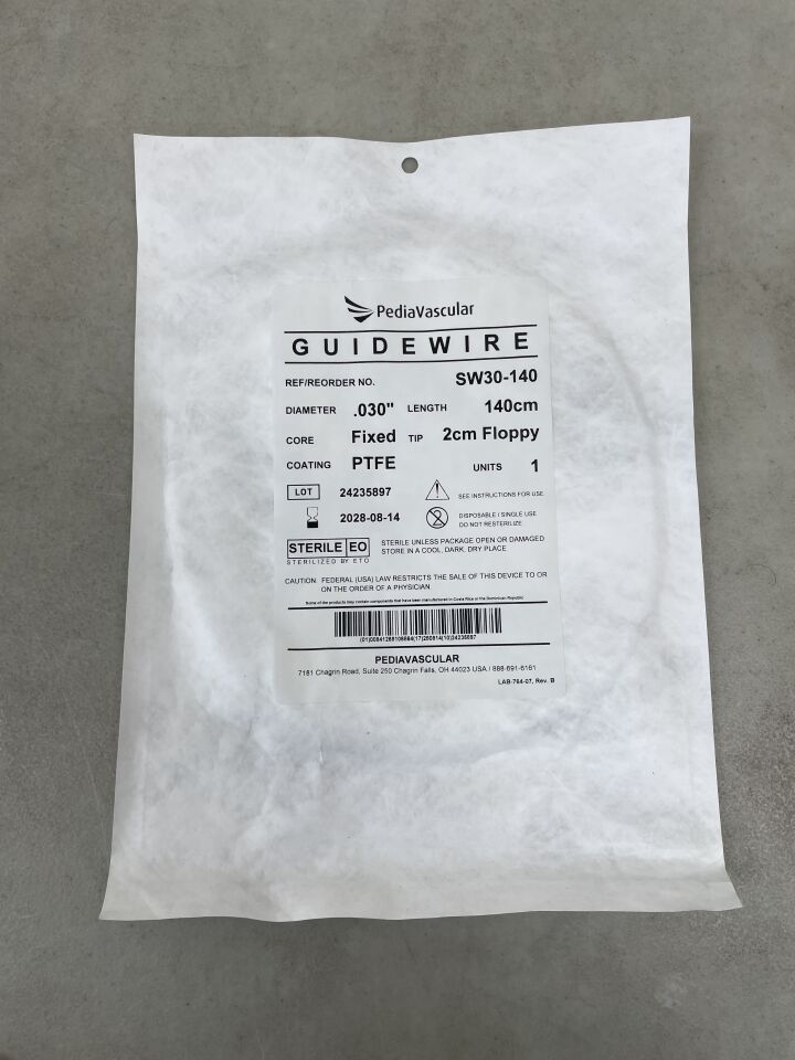 SGW30-140 - PEDIAVASCULAR - PTFE Coated Fixed Core Guidewire, Tip - 2cm, Floppy, .030" x 140cm  , (EA) - ( Expiry Date: 2028-08-14 )