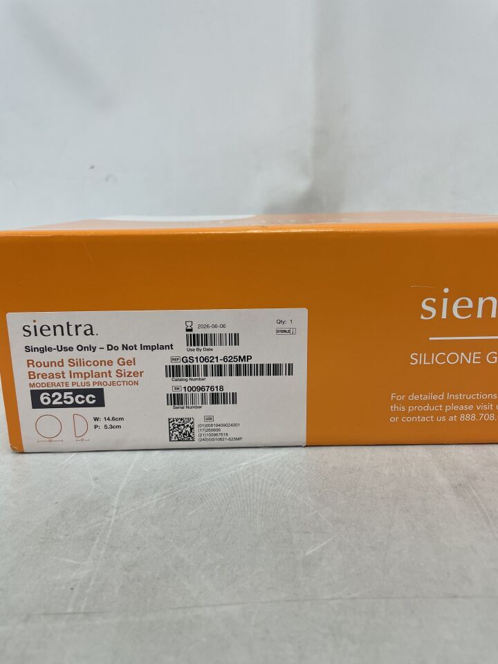GS10621-625MP - SIENTRA - Round Silicone Gel Breast Implant Sizer, Moderate Plus Projection, 14.6 x 5.3cm, 625cc, (BX/1) - ( Expiry Date: 2026-06-06 )
