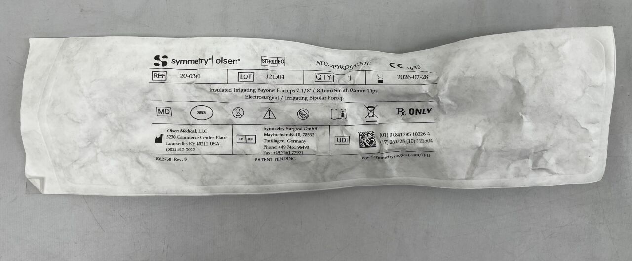 20-0361 - SYMMETRY - Olsen Insulated Irrigating Bayonet Bipolar Forceps 7-1/8" Smooth 0.5mm Tips
, (EA) - ( Expiry Date: 2026-07-28 )