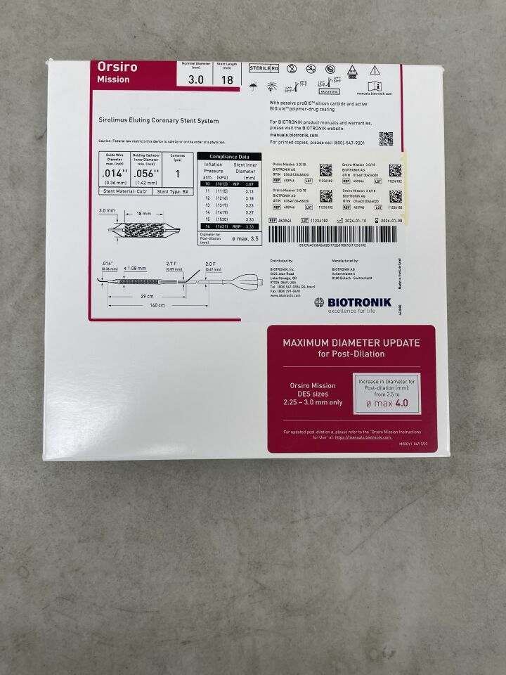 453946 - BIOTRONIK - Orsiro Mission Sirolimus Eluting Coronary Stent System - 3.0mm x 18mm, (BX/1) - ( Expiry Date: 2026-01-08 )
