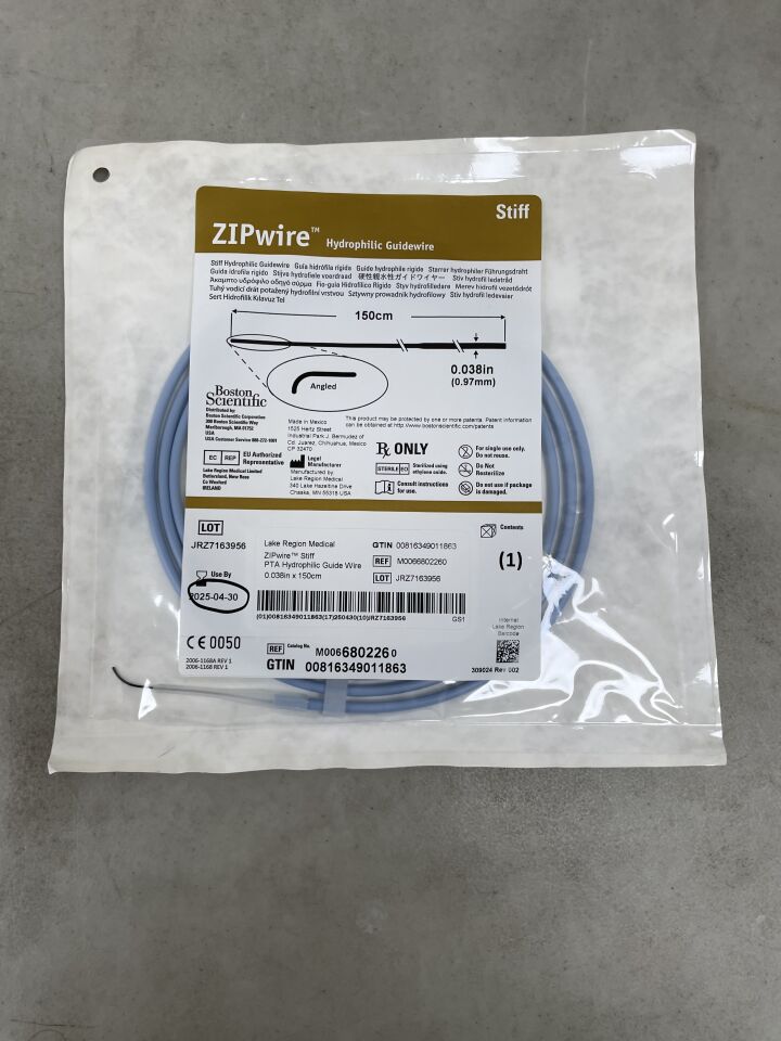 680226 - BOSTON SCIENTIFIC - ZIPwire Hydrophilic Guidewire - Stiff, Angled - .038" x 150cm, (EA) - ( Expiry Date: 2025-04-30 )