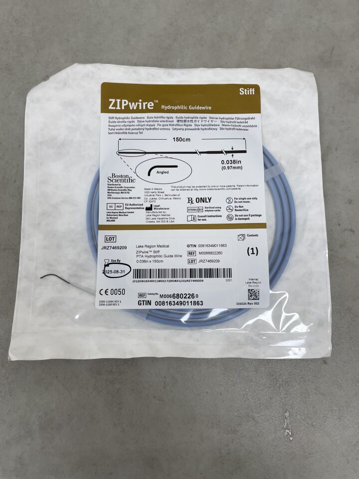 680226 - BOSTON SCIENTIFIC - ZIPwire Hydrophilic Guidewire - Stiff, Angled - .038" x 150cm, (EA) - ( Expiry Date: 2025-08-31 )