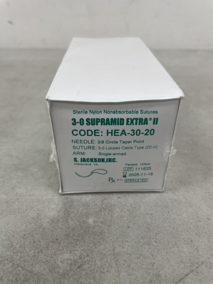 HEA-30-20 - S JACKSON - SUPRAMID EXTRA II Looped Cable Suture, Nylon, 20" Loop, white, USP 3-0, 3/8 Circle Taper Point, (BX/12) - ( Expiry Date: 2025-11-16 )