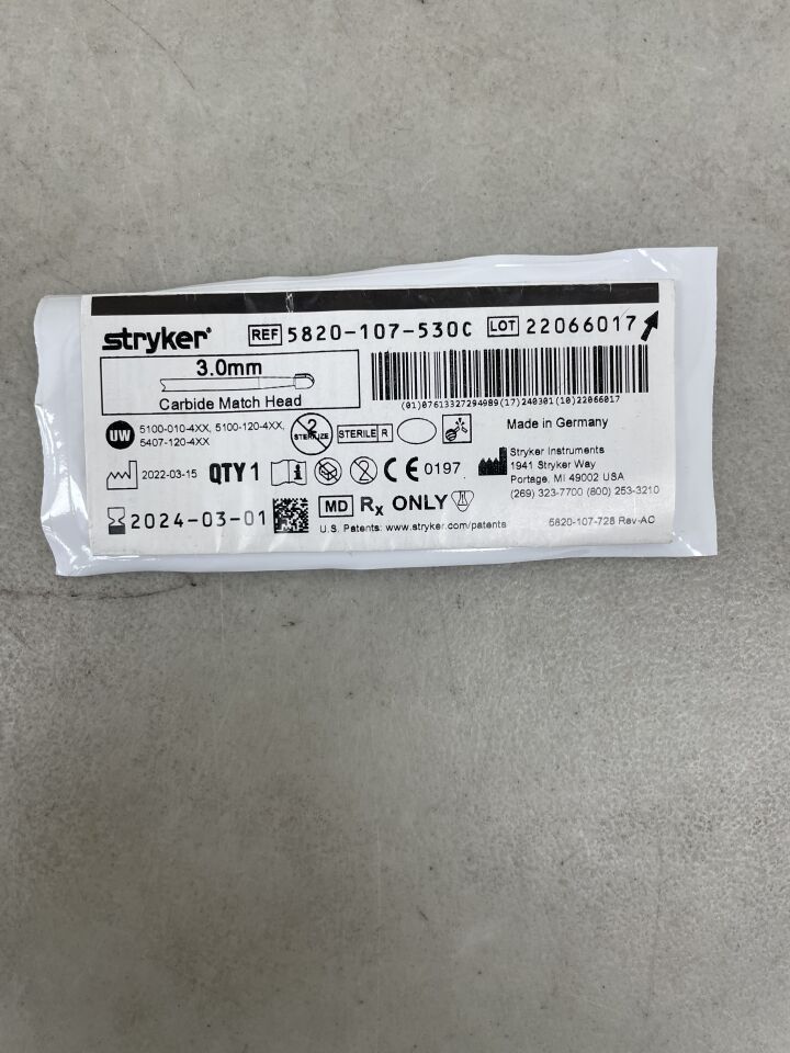 5820-107-530C - STRYKER - Precision Neuro Carbide Match Head Drill, 3 x 3.8 mm, (EA) - ( Expiry Date: 2024-03-01 )