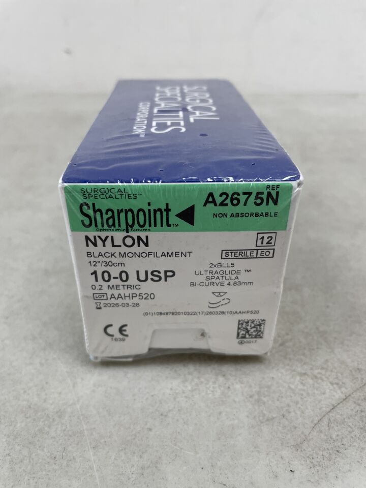 A2675N - SURGICAL SPECIALTIES - Nonabsorbable Uncoated Monofilament Nylon Suture with Needle, Black, 10-0, 12", (BX/12) - ( Expiry Date: 2026-03-28 )